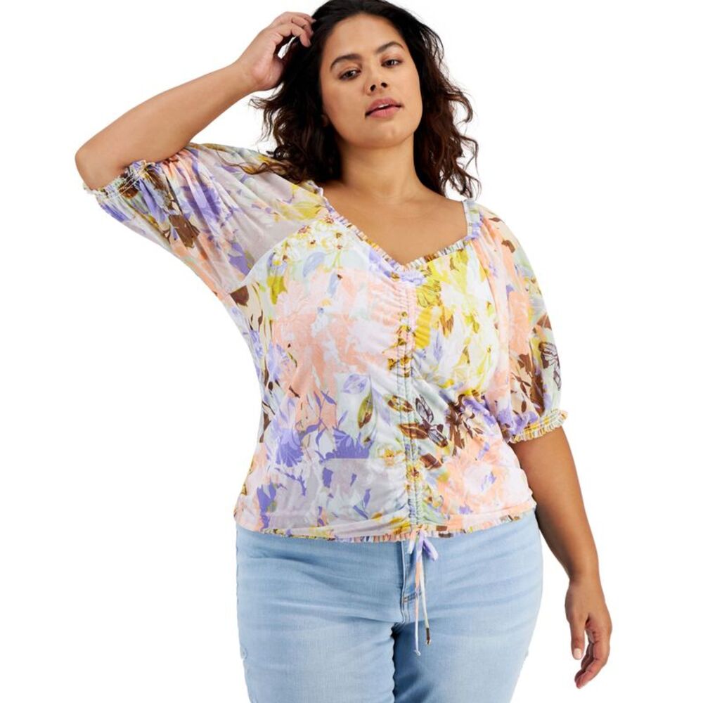 INC International Concepts Plus Size Printed Mesh Puff Sleeve Ruched Top